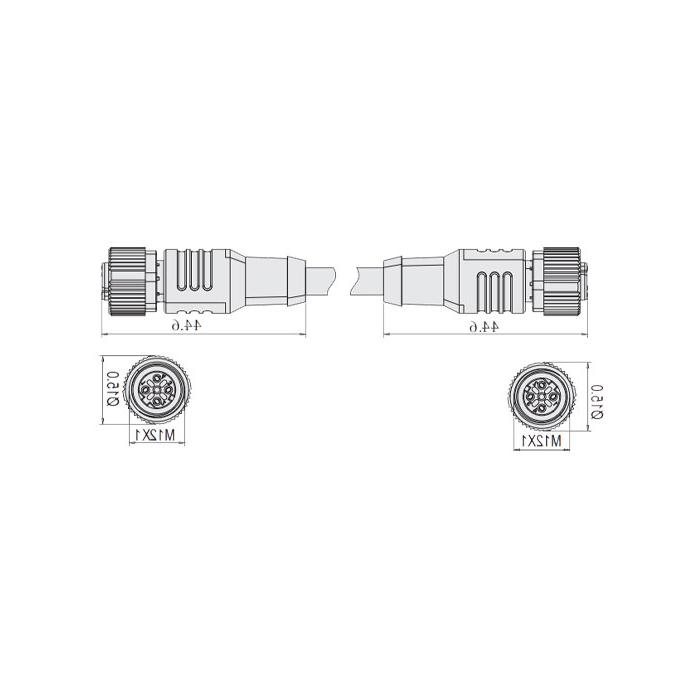 M12 4-PIN D-coded, female head straight turn female head straight, double-ended pre-cast PVC non-flexible cable, gray sheath, 64DD63-XXX